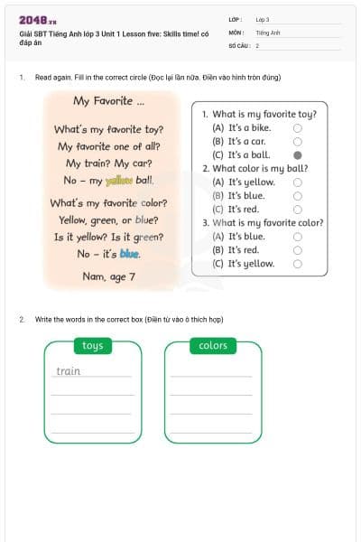 Giải SBT Tiếng Anh lớp 3 Unit 1 Lesson five: Skills time! có đáp án