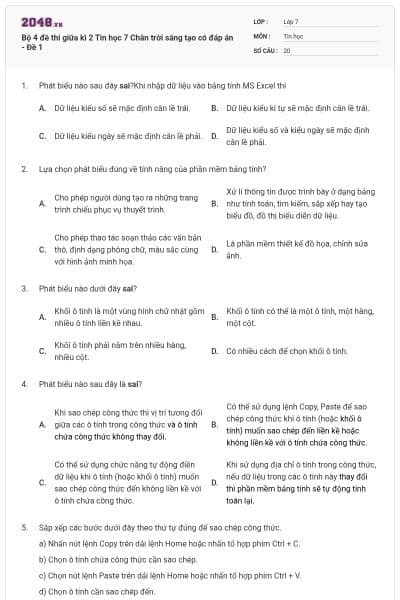 Bộ 4 đề thi giữa kì 2 Tin học 7 Chân trời sáng tạo có đáp án - Đề 1