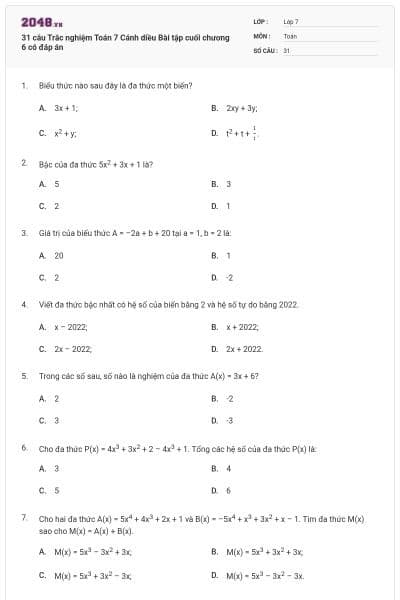 31 câu Trắc nghiệm Toán 7 Cánh diều Bài tập cuối chương 6 có đáp án