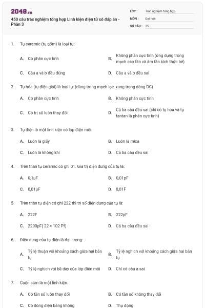 450 câu trắc nghiệm tổng hợp Linh kiện điện tử có đáp án - Phần 3