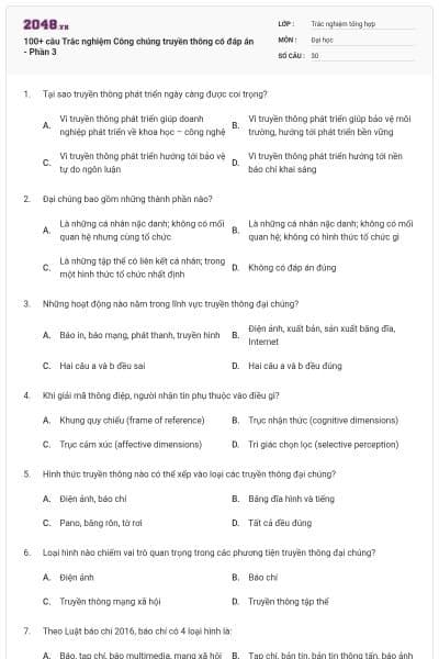 100+ câu Trắc nghiệm Công chúng truyền thông có đáp án - Phần 3