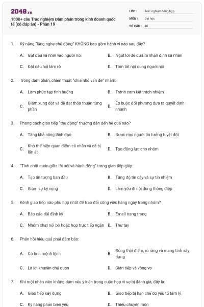 1000+ câu Trắc nghiệm Đàm phán trong kinh doanh quốc tế (có đáp án) - Phần 19