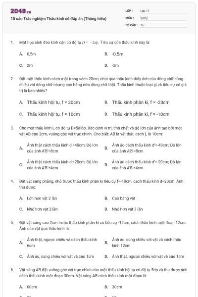 15 câu  Trắc nghiệm Thấu kính có đáp án (Thông hiểu)
