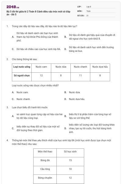 Bộ 5 đề thi giữa kì 2 Toán 8 Cánh diều cấu trúc mới có đáp án - Đề 5