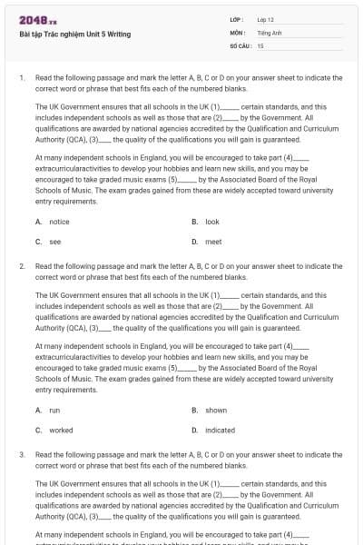 Bài tập Trắc nghiệm Unit 5 Writing