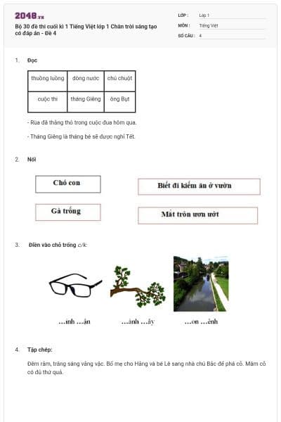 Bộ 30 đề thi cuối kì 1 Tiếng Việt lớp 1 Chân trời sáng tạo có đáp án - Đề 4