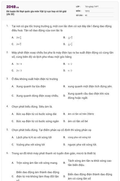 Đề luyện thi thpt quốc gia môn Vật Lý cực hay có lời giải (đề 30)