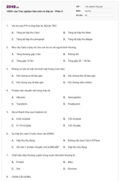 1000+ câu Trắc nghiệm Hóa sinh có đáp án - Phần 4