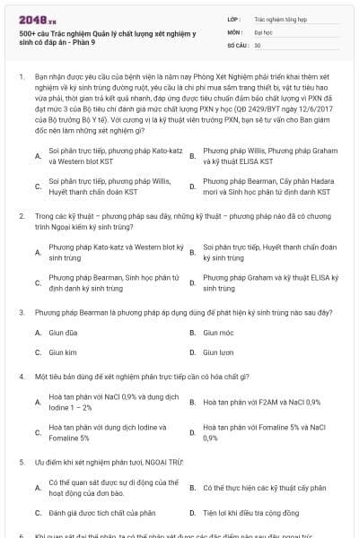 500+ câu Trắc nghiệm Quản lý chất lượng xét nghiệm y sinh có đáp án - Phần 9