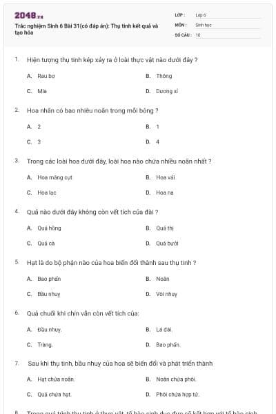 Trắc nghiệm Sinh 6 Bài 31(có đáp án): Thụ tinh kết quả và tạo hóa