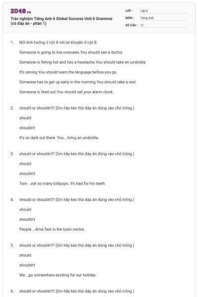 Trắc nghiệm Tiếng Anh 6 Global Success Unit 6 Grammar (có đáp án - phần 1)