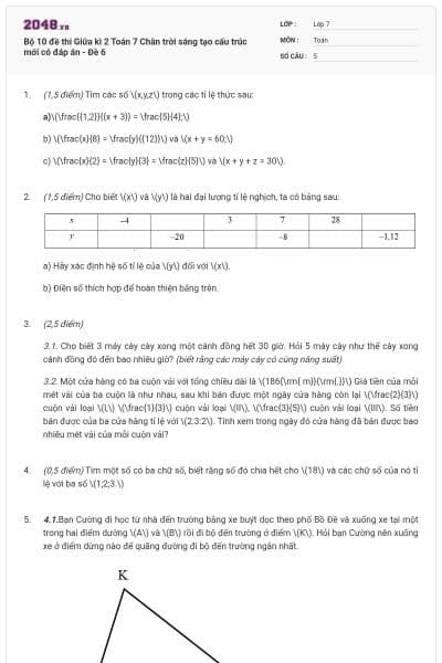 Bộ 10 đề thi Giữa kì 2 Toán 7 Chân trời sáng tạo cấu trúc mới có đáp án - Đề 6