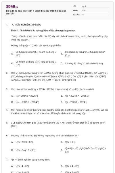Bộ 5 đề thi cuối kì 2 Toán 8 Cánh diều cấu trúc mới có đáp án - Đề 1