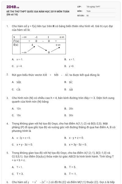 ĐỀ THI THỬ THPT QUỐC GIA NĂM HỌC 2019 MÔN TOÁN (Đề số 16)