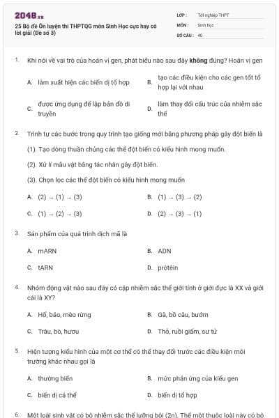 25 Bộ đề Ôn luyện thi THPTQG môn Sinh Học cực hay có lời giải (Đề số 3)