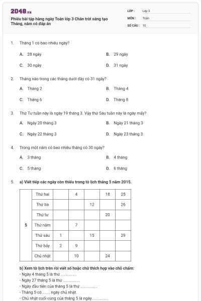 Phiếu bài tập hàng ngày Toán lớp 3 Chân trời sáng tạo Tháng, năm có đáp án
