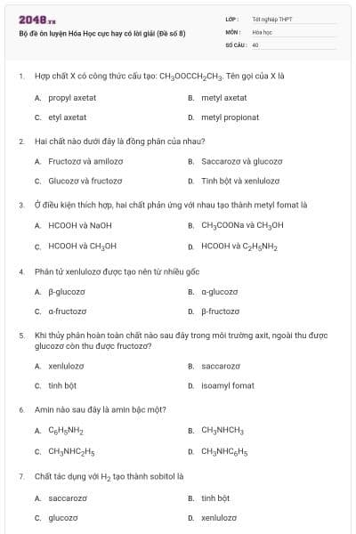 Bộ đề ôn luyện Hóa Học cực hay có lời giải (Đề số 8)