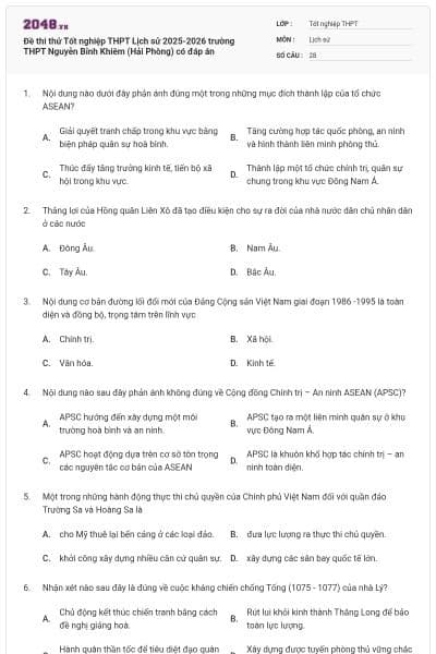 Đề thi thử Tốt nghiệp THPT Lịch sử 2025-2026 trường THPT Nguyễn Bỉnh Khiêm (Hải Phòng) có đáp án