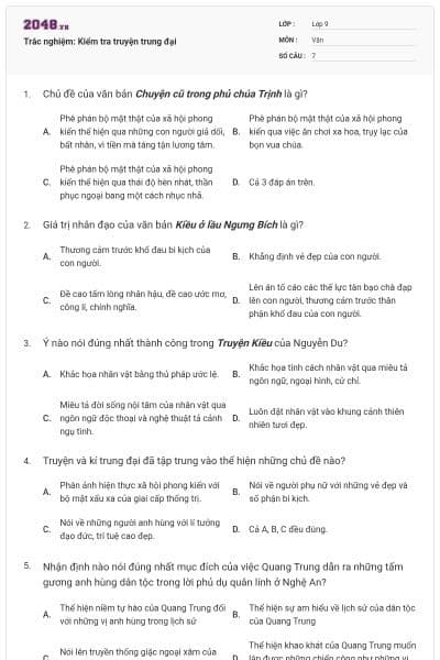 Trắc nghiệm: Kiểm tra truyện trung đại