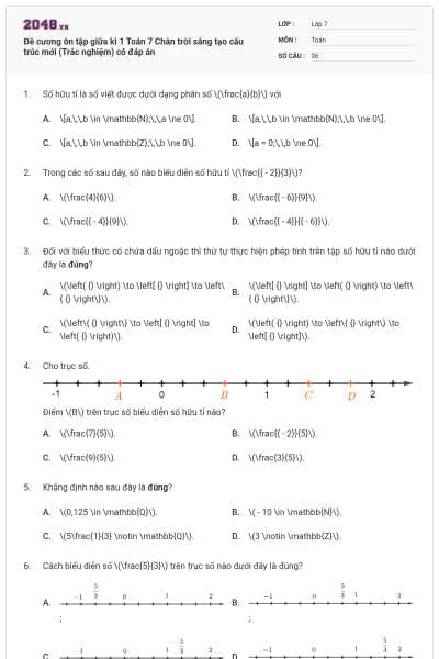 Đề cương ôn tập giữa kì 1 Toán 7 Chân trời sáng tạo cấu trúc mới (Trắc nghiệm) có đáp án