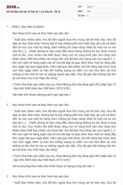 Đề thi Ngữ văn lớp 10 Học kì 1 (có đáp án - Đề 4)