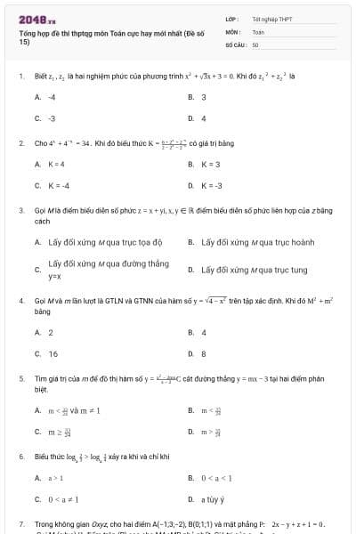 Tổng hợp đề thi thptqg môn Toán cực hay mới nhất (Đề số 15)