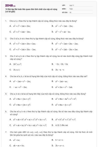 10 Bài tập Bài toán liên quan đến tính chất của cấp số cộng (có lời giải)