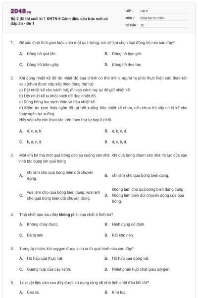 Bộ 2 đề thi cuối kì 1 KHTN 6 Cánh diều cấu trúc mới có đáp án - Đề 1