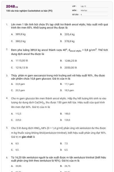 100 câu trắc nghiệm Cacbohidrat cơ bản (P5)