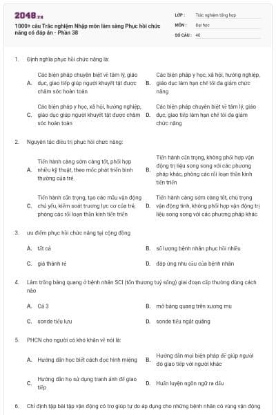 1000+ câu Trắc nghiệm Nhập môn lâm sàng Phục hồi chức năng có đáp án - Phần 38