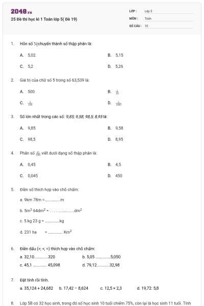 25 Đề thi học kì 1 Toán lớp 5( Đề 19)