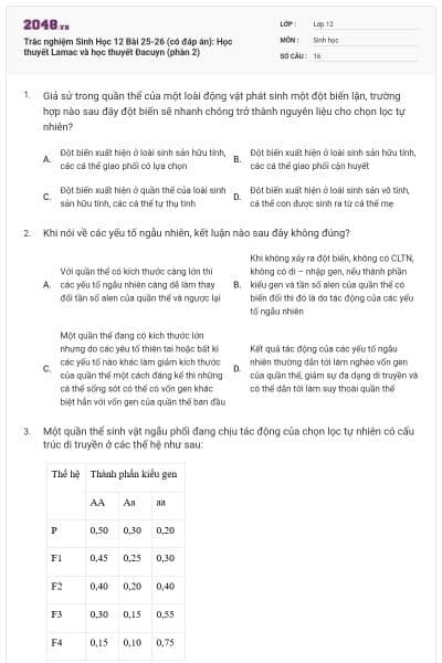 Trắc nghiệm Sinh Học 12 Bài 25-26 (có đáp án): Học thuyết Lamac và học thuyết Đacuyn (phần 2)