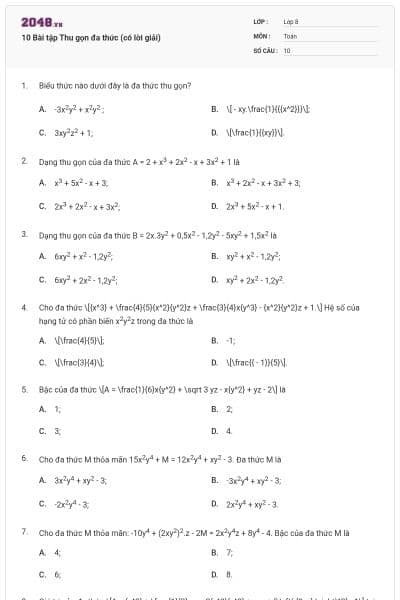 10 Bài tập Thu gọn đa thức (có lời giải)