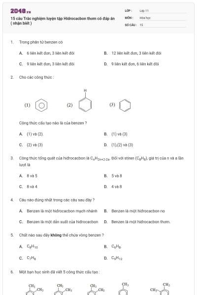 15 câu  Trắc nghiệm luyện tập Hidrocacbon thơm có đáp án ( nhận biết )