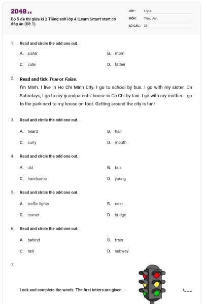 Bộ 5 đề thi giữa kì 2 Tiếng anh lớp 4 iLearn Smart start có đáp án (Đề 1)