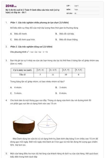 Bộ 5 đề thi cuối kì 2 Toán 9 Cánh diều cấu trúc mới (có tự luận) có đáp án - Đề 1