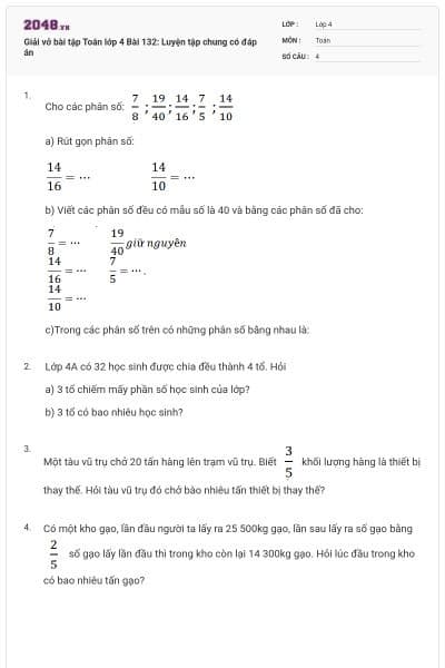 Giải vở bài tập Toán lớp 4 Bài 132: Luyện tập chung có đáp án