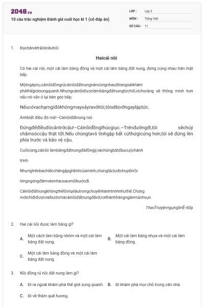 10 câu trắc nghiệm Đánh giá cuối học kì 1 (có đáp án)