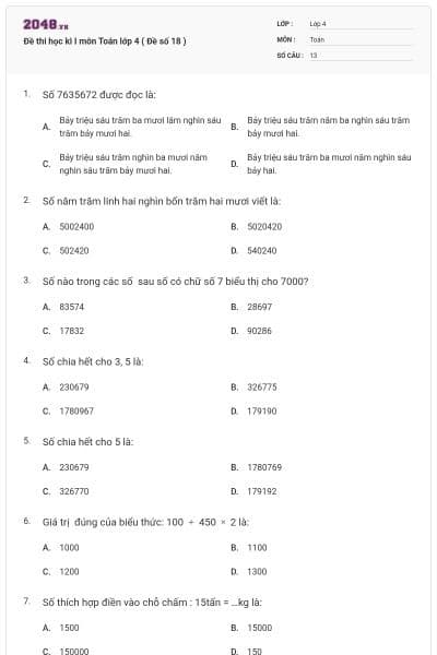 Đề thi học kì I môn Toán lớp 4 ( Đề số 18 )