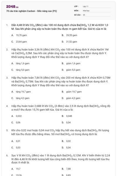 70 câu trắc nghiệm Cacbon - Silic nâng cao (P2)