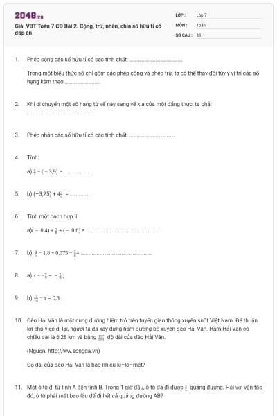 Giải VBT Toán 7 CD Bài 2. Cộng, trừ, nhân, chia số hữu tỉ có đáp án