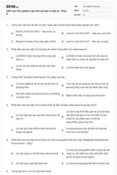200+ câu Trắc nghiệm Lập trình căn bản có đáp án - Phần 6
