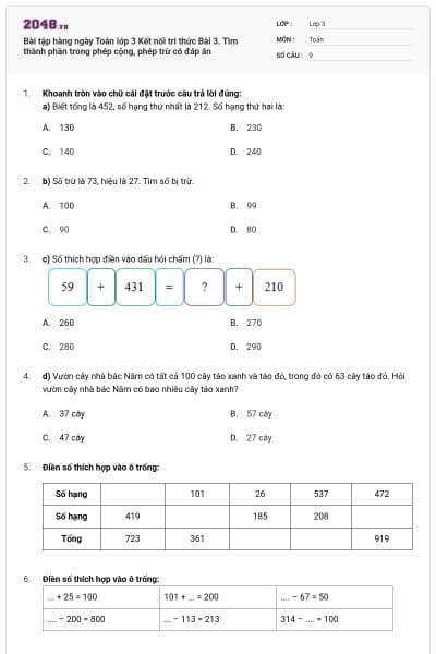 Bài tập hàng ngày Toán lớp 3 Kết nối tri thức Bài 3. Tìm thành phần trong phép cộng, phép trừ có đáp án
