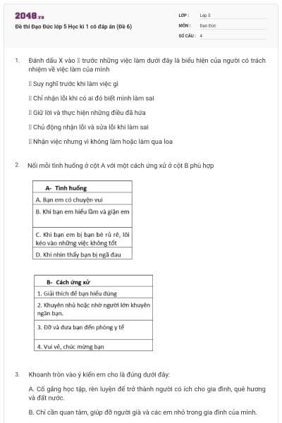 Đề thi Đạo Đức lớp 5 Học kì 1 có đáp án (Đề 6)