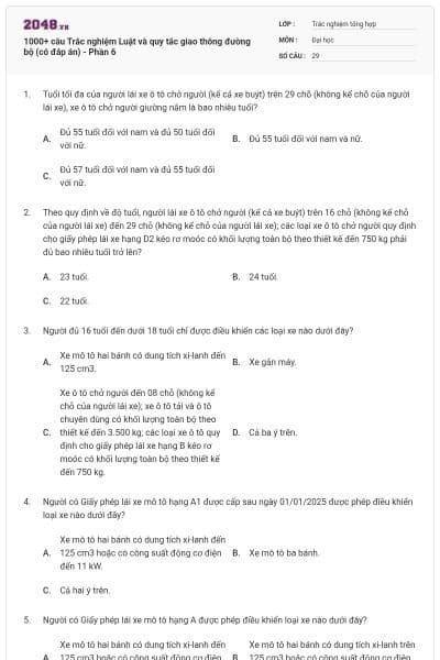 1000+ câu Trắc nghiệm Luật và quy tắc giao thông đường bộ (có đáp án) - Phần 6