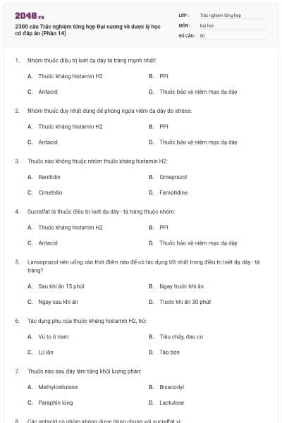 2300 câu Trắc nghiệm tổng hợp Đại cương về dược lý học có đáp án (Phần 14)