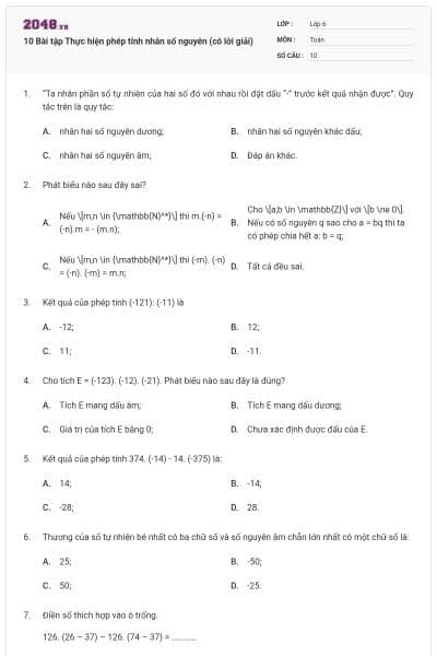 10 Bài tập Thực hiện phép tính nhân số nguyên (có lời giải)
