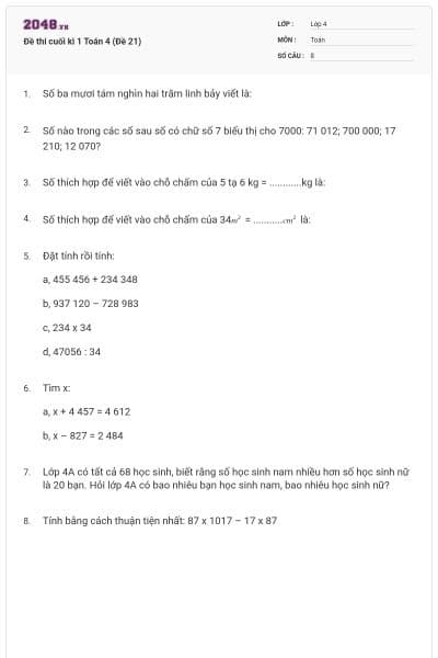 Đề thi cuối kì 1 Toán 4 (Đề 21)