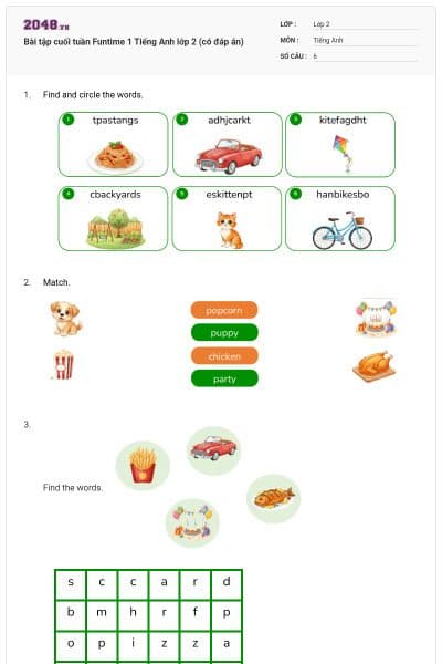 Bài tập cuối tuần Funtime 1 Tiếng Anh lớp 2 (có đáp án)