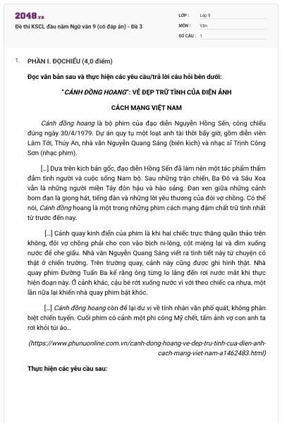 Đề thi KSCL đầu năm Ngữ văn 9 (có đáp án) - Đề 3
